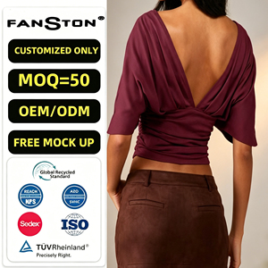 Top Corto con Cuello en V y Espalda Descubierta para <span class=keywords><strong>Mujer</strong></span> 2026 - Camiseta Sexy Ajustada con Cintura Fruncida, Top de Diseño Elegante de Color Liso, Venta al por Mayor de Moda - Product Image 2