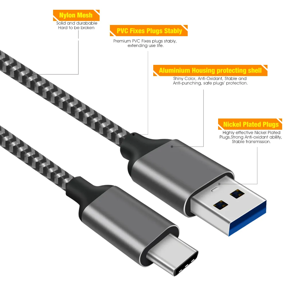 Sampel Gratis kabel usb c kepang nilon 60W kabel usb Tipe c kabel usb 5Gbps kabel ponsel kecepatan super untuk Samsung Huawei Xiaomi OPPO