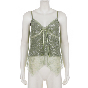 Débardeur asymétrique en maille transparente style rétro forêt, avec dentelle, patchwork jacquard et détail nœud - Product Image 6