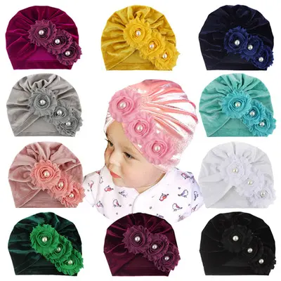New baby velvet turban hat sun flower headband solid colors baby turban