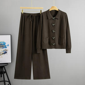 Conjunto de Punto <span class=keywords><strong>con</strong></span> Cuello Polo ELEGANTE para Mujer, Estilo Transfronterizo, Otoño Invierno, Nuevo Suéter de Manga Larga, Abrigo, Conjunto de Pantalones Anchos 0857 - Product Image 4