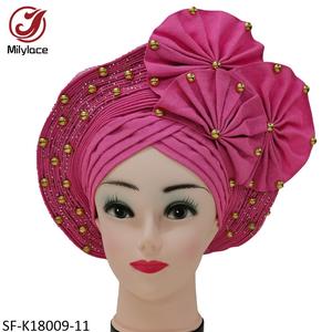 Beaux accessoires de mariage Turban avec perles pierres couleur unie plissé africain dames bandeau chapeau de fête - Product Image 4