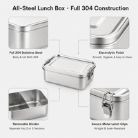 Boîte à lunch bento carrée en acier inoxydable 304 à un seul niveau, 3 compartiments, étanche, avec boucle de verrouillage, chauffable, grande capacité