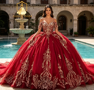 MS9000 Splendido Abito da Ballo Bordeaux Royal <span class=keywords><strong>Saray</strong></span> con Spalle Scoperte, Pizzo Dorato, Abito da Principessa per Festa dei 15 Anni con Strascico - Product Image 1