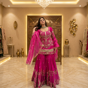 Ensemble Sharara 3 Pièces Tendance en Soie Rose Vif avec Broderies Lourdes, Style Indien et Pakistanais, pour Mariages et Fêtes d'Hiver, en Georgette Salwar - Product Image 1