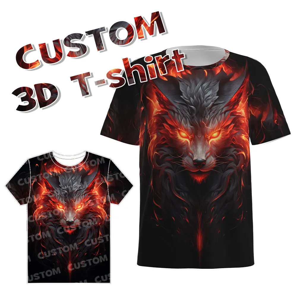 Camiseta de manga curta de poliéster para homens de anime de grandes dimensões por atacado Camisetas impressas digitalmente de lobo 3D personalizadas