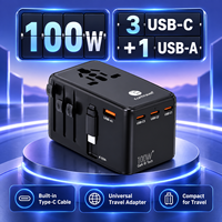 Adaptateur de voyage universel 100W GaN avec chargeur rapide et câble Type C rétractable, multi-prises EU, UK, US, AU pour les voyages internationaux