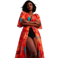 Vente en gros KY Maxi caftan de plage en mousseline de soie à fente haute pour femmes robe noire transparente avec ceinture en satin