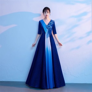 Women's Long Evening Gown V-Neck Empire Waist Blue Red 3D Pattern Choir Performance Host Attire Coming Of Age Ceremony Dress - Product Image 1