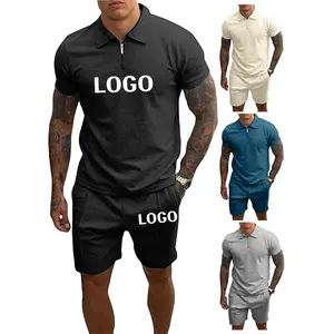 Wholesale Hot Sale Cotton Custom Blank Jogger Tracksuit Plus Size Polo Zipper Summer Tshirt And Shorts 2 Piece Men Shorts Set