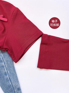 2025 mùa xuân mùa thu mới của phụ nữ trẻ em hai mảnh thiết lập màu đỏ dài tay áo T-shirt Bow có thể tháo rời + thêu mùa đông in kết hợp - Product Image 3