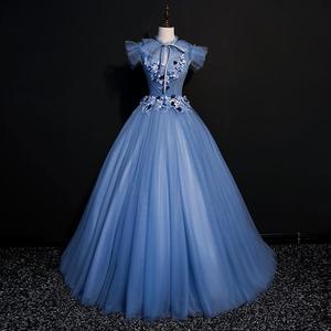 Smoky Blue Long Tulle Stage Performance Gown Women High Waisted Puffy Skirt Polyester Fabric Adult Fashionable Dress - Product Image 1