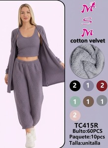 Set da casa in pile per donna, 3 pezzi, morbido e casual, con cardigan a maniche lunghe e pantaloni lunghi fino alla caviglia, abbigliamento invernale. - Product Image 3