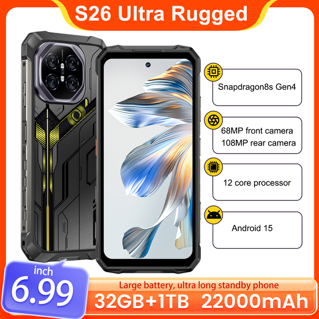 New Arrival S26 Ultra Rugged 5G Phone 6.99Inch Screen 32GB1TB Storage 22000mAh 68MP+108MP Camera Android15 Waterproof Smartphone