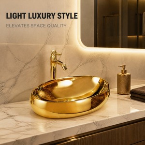 Hot Selling <strong>Gold</strong> Color Oval Modern Porcelain Hotel Washroom Countertop Top Mount Special <strong>Crystal</strong> Plated Art Basin Lavabo Drainer - Product Image 5