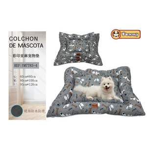 Set Letto per Cani in Lino a Tre Pezzi con Stampa Cartoon, Fondo Grigio Impermeabile e Antiscivolo - Product Image 1