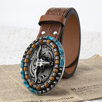 Cinturón de Cuero Repujado Estilo Vaquero Occidental para Hombre, Hebilla de Aleación con Cabeza de Toro, Cinturón de Jeans con Cuentas Turquesa, de Gran Venta