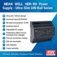 Suplai Daya Dinrail Ultra Tipis Output Tunggal AC-DC 24V 6.25A Efisiensi Tinggi Multi-Proteksi untuk Penggunaan Industri