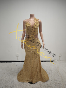 Ocstrade Listo para Enviar - Contacta Antes de Ordenar - Vestido de Noche Dorado sin Mangas con Flores 3D Brillantes y Pedrería, Elegante para Fiesta de Graduación - Product Image 3