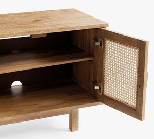 Meuble TV en rotin style ferme avec 2 armoires et pieds en bois massif, centre de divertissement, console multimédia, support TV pour salon et chambre - Product Image 4