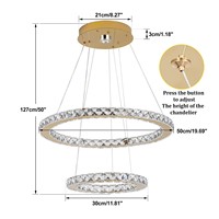 Lustre LED moderne à 3 couleurs, avec interrupteur à intensité variable, 2 anneaux en acier inoxydable et cristaux, pour usage hôtelier