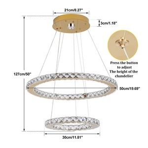 Lustre moderne à LED en cristal et acier inoxydable à 2 anneaux, 3 couleurs, dimmable avec télécommande - Product Image 3