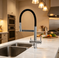 Nouveau Robinet de Cuisine Moderne en Acier Inoxydable Chromé à Double Poignée, Robinet Mélangeur 4-en-1 avec Eau Pétillante et Filtre 4 Voies