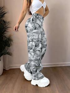 Pantalon cargo en denim 100% coton, coupe ample, taille haute |   Design imprimé décontracté, poches 3D, résistant à la décoloration et lavable, toutes saisons - Product Image 3