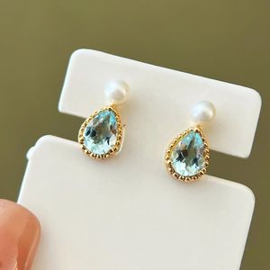 Boucles d'oreilles Xinfly en or véritable 18 carats avec perle d'eau douce et aquamarine, cadeau pour femme - Product Image 5