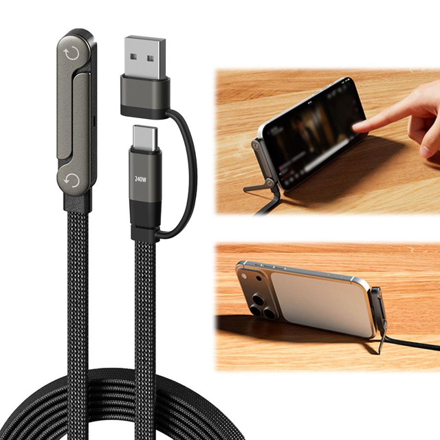 240W Braided Type-C Type-C Fast Charging Cable 2-in-1 Foldable Adjustable Phone Stand Durable Design for Android Mobile Devices