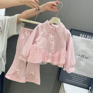 Set Due Pezzi per Bambine con Colletto in Pizzo e <span class=keywords><strong>Paillettes</strong></span>, Top a Maniche Lunghe e <span class=keywords><strong>Pantaloni</strong></span> a Gamba Larga per l'Autunno - Product Image 1