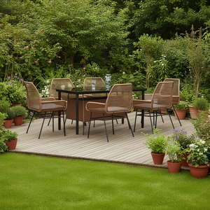 Set da pranzo da giardino a 6 posti in rattan PE marrone con struttura in acciaio, mobili da esterno dal design contemporaneo per uso in giardino - Product Image 2