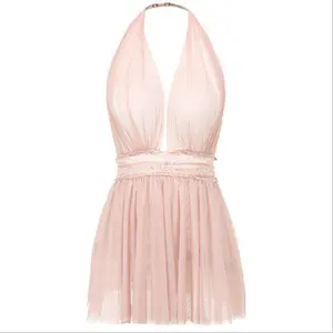 Hermoso Vestido de Dormir de Gasa con Encaje en <span class=keywords><strong>la</strong></span> Espalda, Tentación Blanca, Malla Sexy, Cintura Elástica, Cuello Halter, Estilo Hada, Sin Espalda, Tul, 3 Piezas - Product Image 1