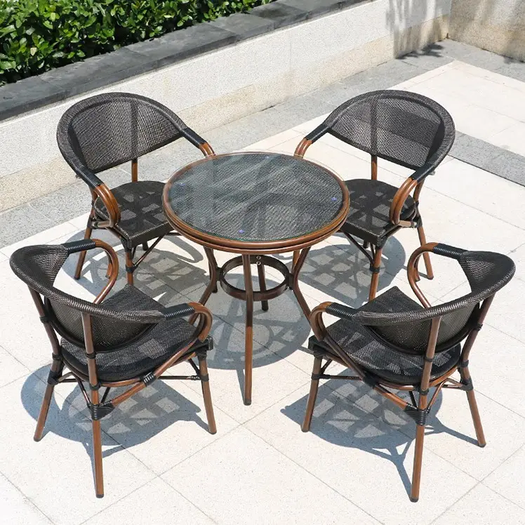 Wholesale Outdoor Furniture Rattan Dining Chairs And Table Sets Aluminum Waterproof Mesh Chairs For Restaurant Hotel