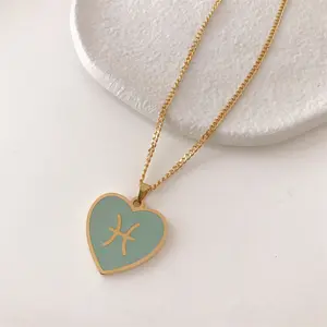 Custom Tarnish Free Gold Stainless Steel Jewelry Birth Month Enamel 12 Zodiac Heart Pendant Necklace For Women
