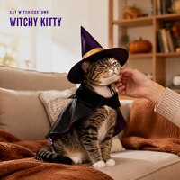 Kostum Kucing Hitam Cocok untuk Malam Cosplay dengan Topi Felt Ungu Berhias Emas dan Jubah Beludru dengan Lapisan Satin di Bagian Dalam