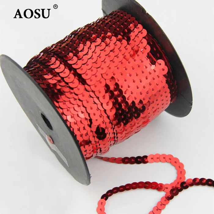 AOSU Wholesale 6mm Sequin Trim Round Paillettes Ribbon Red Sequin String Sewing Sequins Trimmings For Dress
