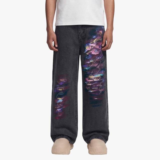 Custom Streetwear Artistic Pants Chinese Denim Factory 2026 Black Wide Leg Jeans with Abstract Graffiti Spray Paint Art