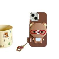 Coque de téléphone en silicone 3D mignonne motif dessin animé avec miroir et support en forme d'œil d'ours pour iPhone 13/14/15
