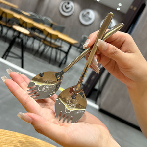 Fourchette et cuillère monobloc en acier inoxydable 304, design de dessin animé Happy Meow pour enfants de 2 à 4 ans, utilisation pour salade et dessert - Product Image 1