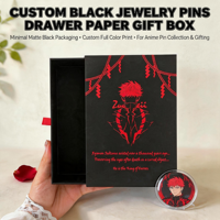 Boîte rigide noire personnalisée avec estampage à chaud rouge, ruban et languette de tirage, emballage vide pour épingles, badges, bijoux, boîte cadeau, vente en gros