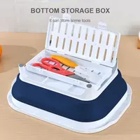 Planche à découper carrée pliable 3-en-1 en PP avec panier de drainage pour la préparation des aliments et le lavage des légumes en cuisine