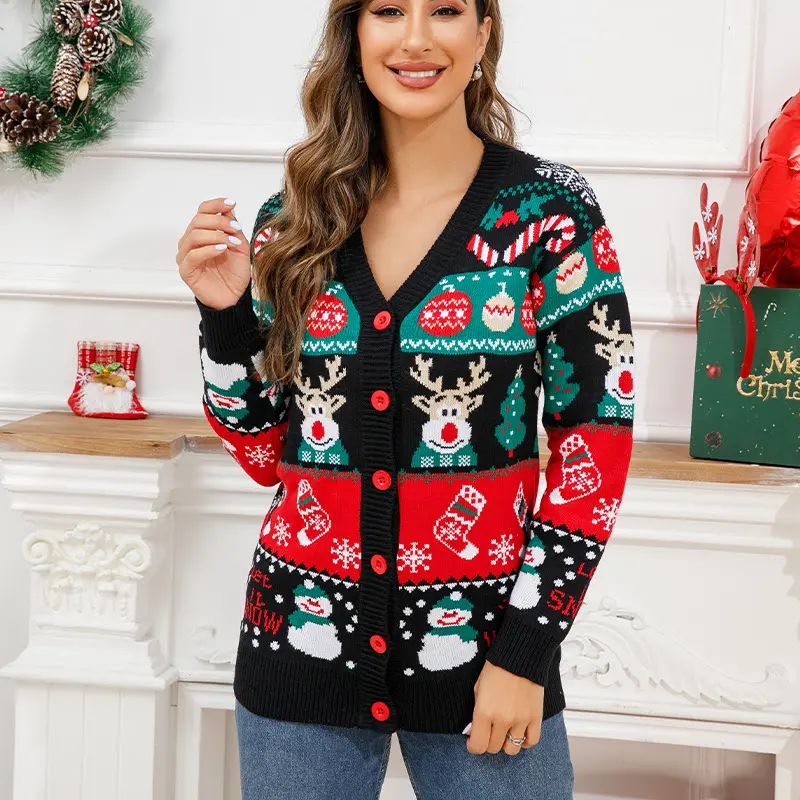 Cardigan natalizio classico da donna carino divertente brutto maglioni di natale maglione Cardigan lavorato a maglia con scollo a V e fiocco di neve di renna