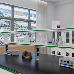 Banco da Laboratorio in <span class=keywords><strong>Alluminio</strong></span> e Vetro Regolabile in Altezza Personalizzabile, Scaffale per Reagenti Chimici con Presa Elettrica - Product Image 2