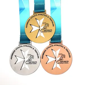 定制设计铁人三项金属奖牌珐琅彩色工艺运动奖牌，带升华挂绳