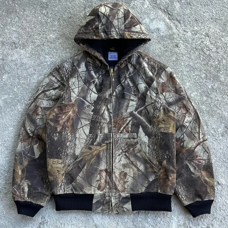 Camo print hoodie custom distressed vintage all over print camo hooded jacket hunting cargo full zip hoodie men