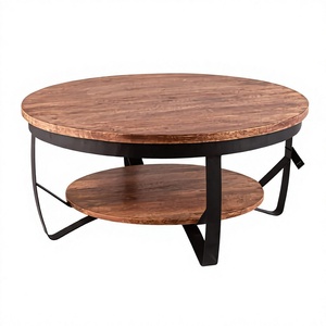 Table basse ronde en bois de manguier brut de style industriel avec cadre en métal Mobilier de salon Chambre à coucher - Product Image 1