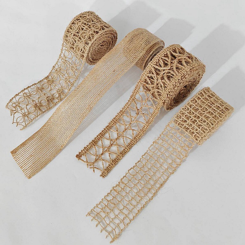 Eco-friendly Jute Webbing Floral Grosgrain Ribbon Christmas Gift Packaging Hand-Woven Natural Color 2m