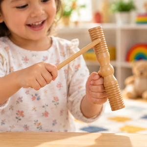 Agogô in Legno di Gomma Bicolore con Martello, Strumento <span class=keywords><strong>a</strong></span> Percussione Scanalato per l'Apprendimento Musicale Precoce dei Bambini - Product Image 4