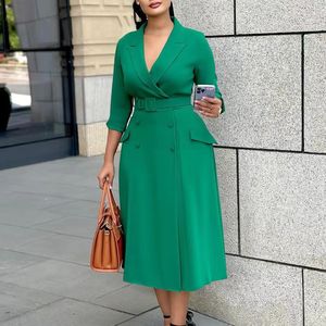 Robe longue vintage élégante grande taille, couleur unie, taille haute, pour le bureau, pour femmes, formelle, style tailleur croisé - Product Image 2